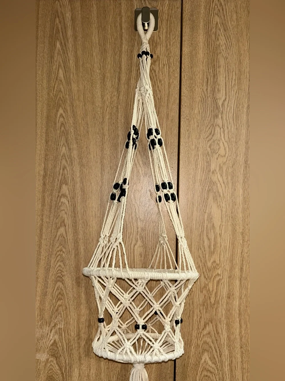 Macramé Cotton Hanging Plant Hanger Holder White with Black Beads